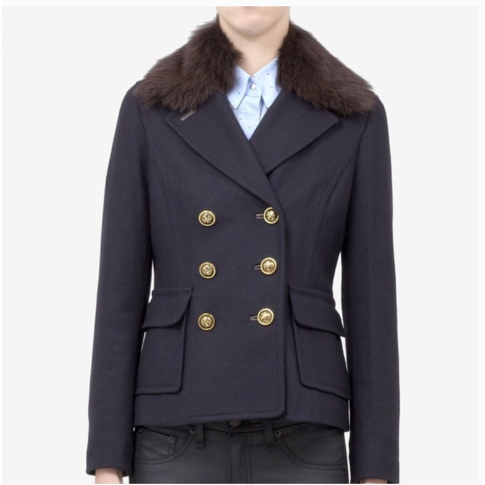 TORY BURCH • Navy Blue Alexandre Removable Fur Trim Pea Coat Sz 4